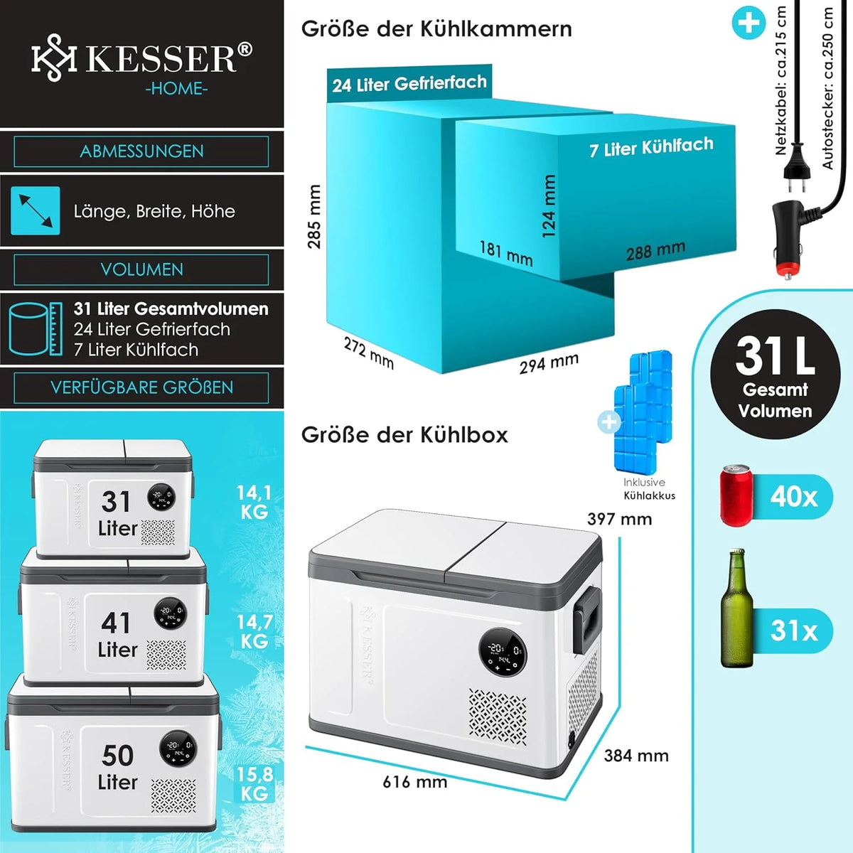 Nevera portátil KESSER 2026 con compresor, 2 en 1, doble zona de refrigeración y congelación, con congelador eléctrico, 2 acumuladores de frío y control táctil LED | Refrigerador con capacidad de enfriamiento hasta – 20 °C para camping, coche y
