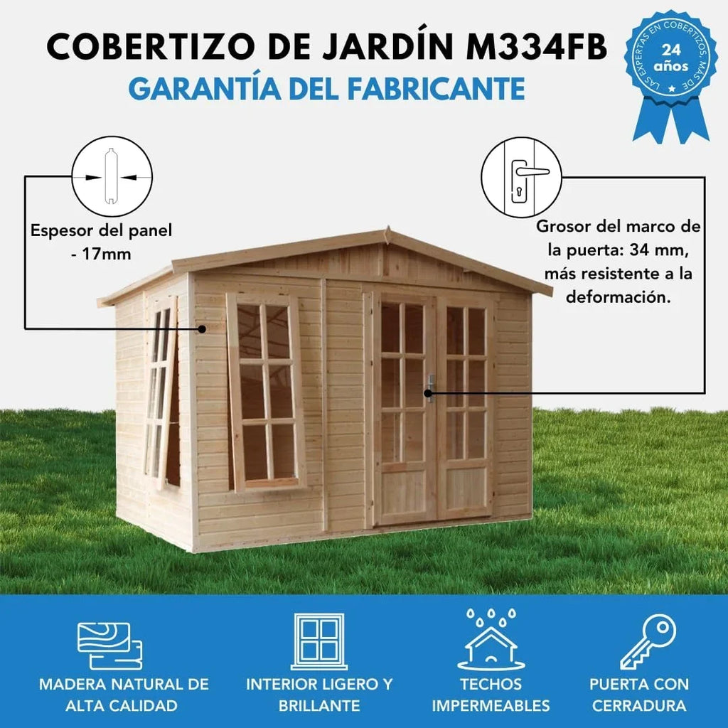 2026 TIMBELA Caseta de jardín de Madera de 6 m2 – Cobertizo Jardin Exterior con Suelo, Ventana, Puerta Doble – Cabaña de jardín para Trabajar en casa – con Tejas bituminosas Verde M334FB+H334FBGREEN