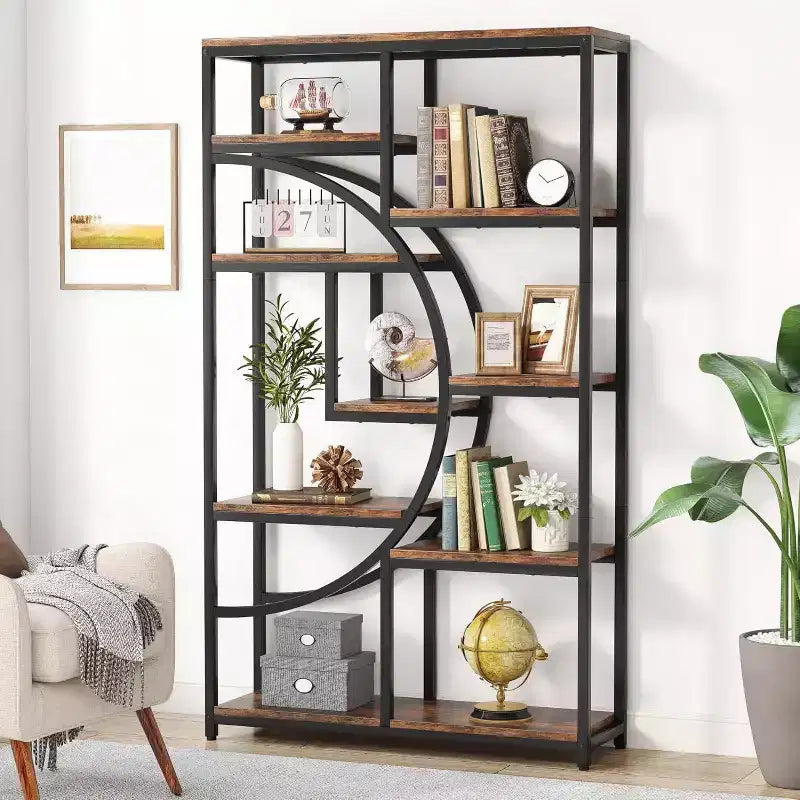 2026 Librería de 5 niveles de 175 cm – Diseño geométrico en forma de media luna, marrón y negro.