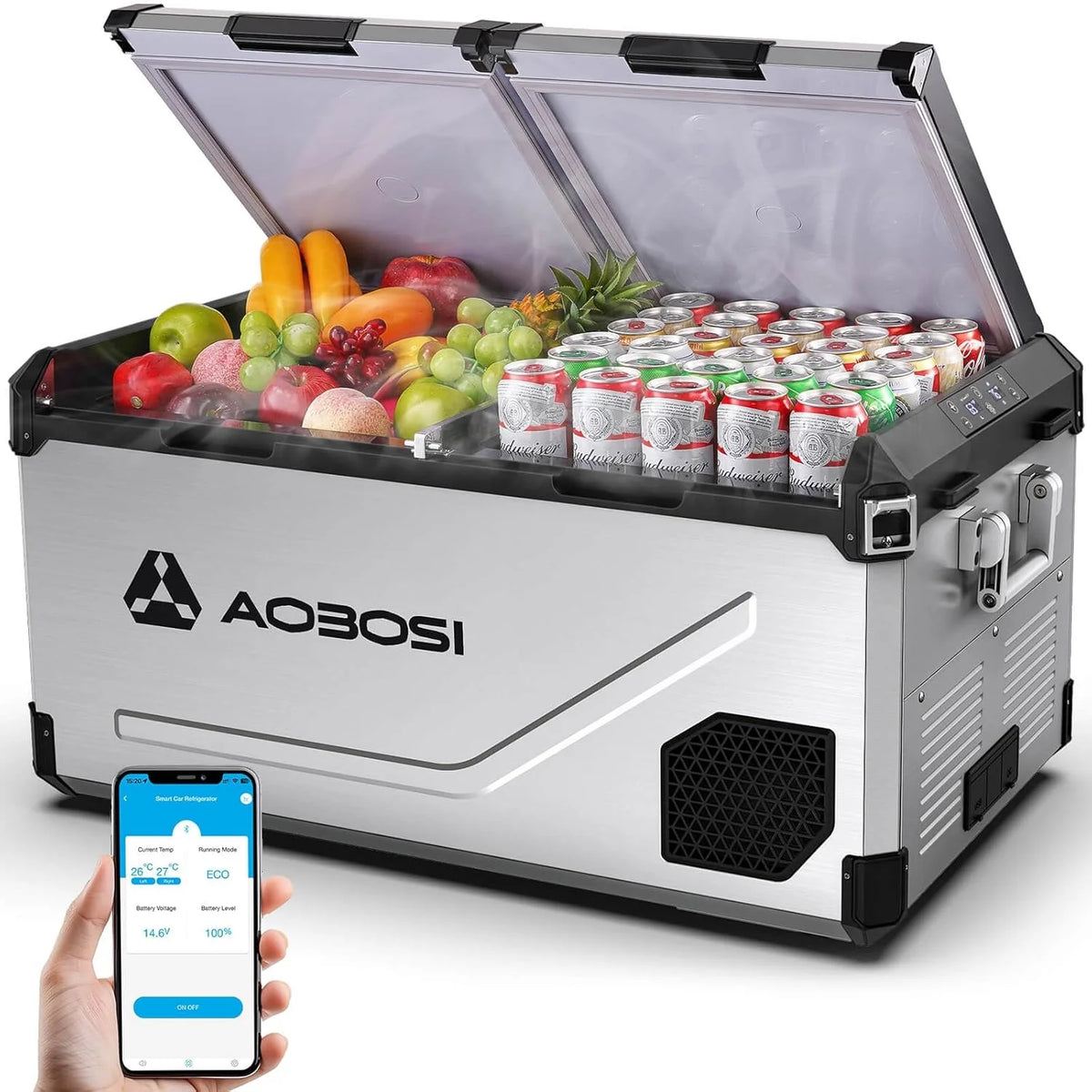 Nevera portátil con compresor AAOBOSI de 95 litros, doble zona, hasta – 20 ℃ (modelo 2026). Carcasa de acero inoxidable e interior de aluminio. Alimentación: 12/24 V CC y 230 V CA. Ideal para coches, barcos, acampadas y conducción todoterreno.