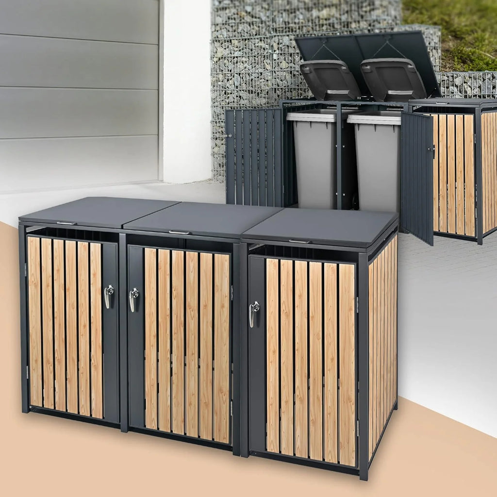 Contenedor de residuos ML – Design 2026 de 3 compartimentos, 240 L, 200 x 80 x 116,3 cm, acabado imitación madera antracita, acero, resistente a la intemperie/con cerradura, caja para contenedores de residuos con tapa abatible/3 puertas, contenedor