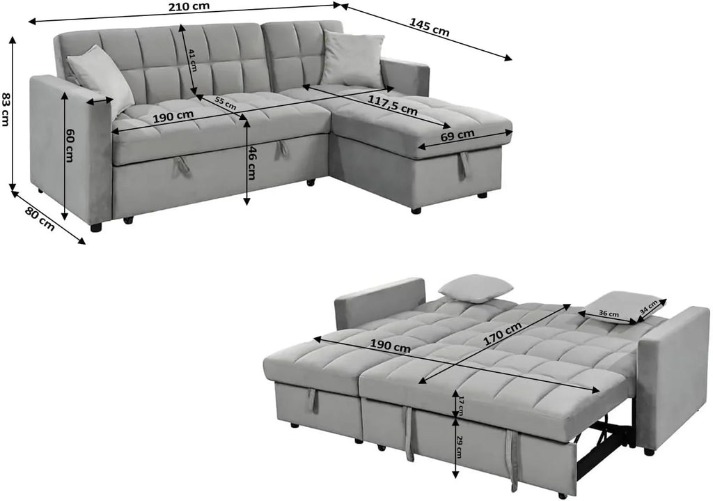 2026 Sofá Cama Chaise Longue 210x145 cm – Chaise Longue Reversible Ambos Lados con Arcón, Sofa Rinconera con Sistema de Arrastre, Armazón de Pino Macizo – Gris Terciopelo