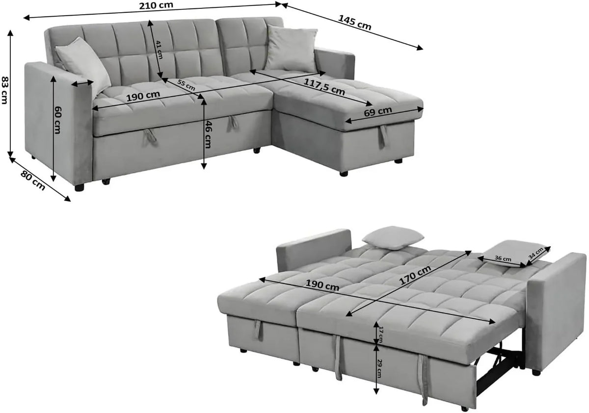 2026 Sofá Cama Chaise Longue 210x145 cm – Chaise Longue Reversible Ambos Lados con Arcón, Sofa Rinconera con Sistema de Arrastre, Armazón de Pino Macizo – Gris Terciopelo