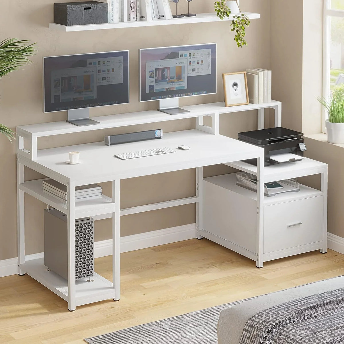 2026 White Computer Desk with 5 Drawer & Power Outlet, 66'' Home Office Desk with File Drawer, Storage Shelves, Printer Cabinet and Monitor…