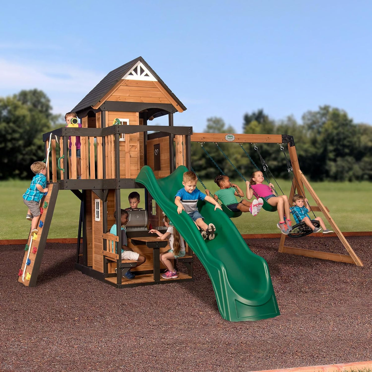 2026 Canyon Creek Cedar Wood Swing Set with Wave Slide, Clubhouse, Play Kitchen, Picnic Area, Belt Swings, Web Swing, Rock Wall, Balconies, Playhouse, Step Ladder, Outdoor Playset