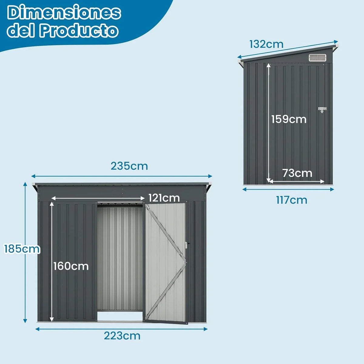 2026 COSTWAY Caseta Jardin Exterior, 235 x 117 x 185 cm, obertizo Jardin Exterior con 2 Puertas, Techo Inclinado, Casita Organizador de Metal Galvanizado, Organizador de Herramientas para Jardín Patio