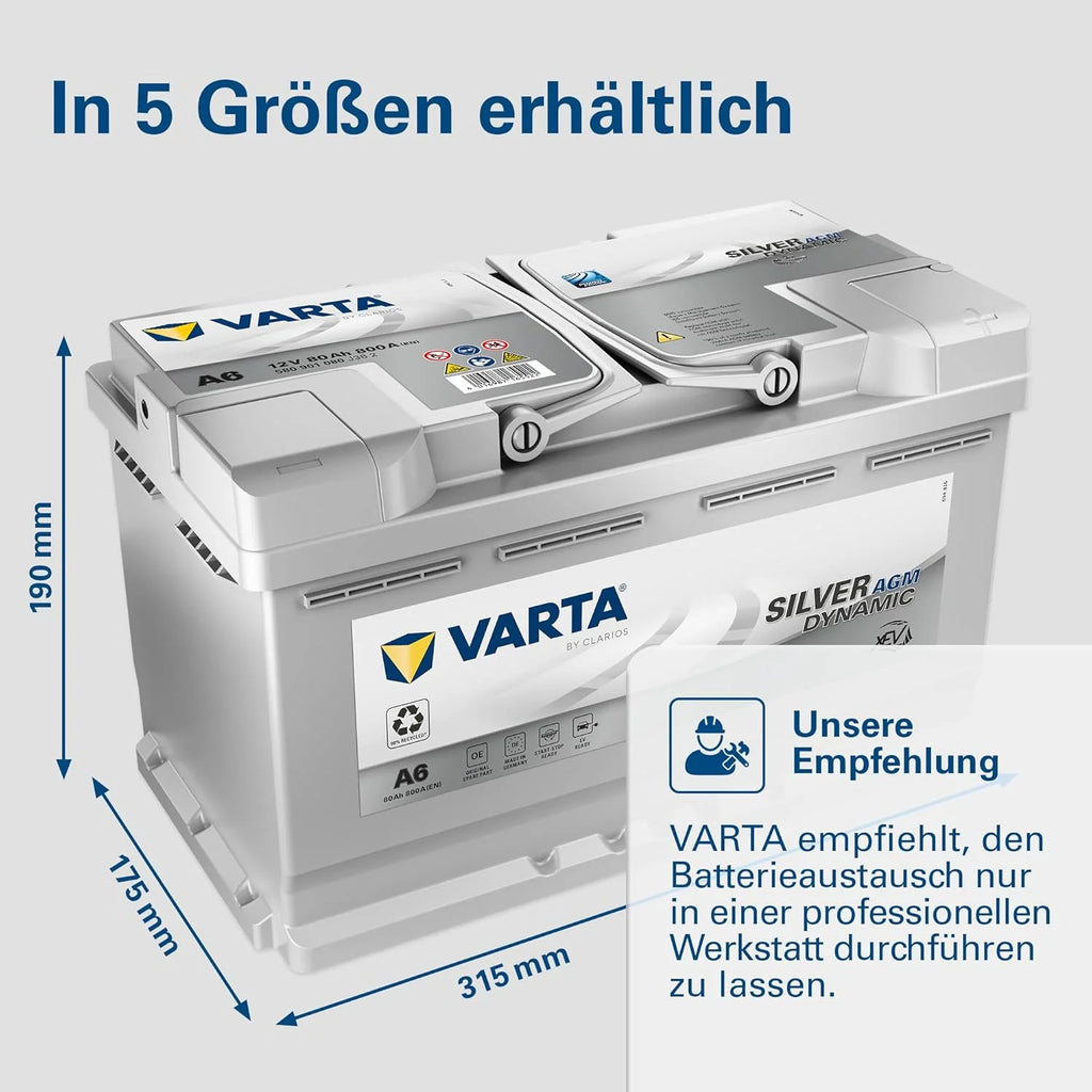 Batería VARTA Silver Dynamic AGM A6 2026 – Batería para vehículos Start – Stop y xEV 12V 80Ah 800A – Batería de arranque para vehículos con alta demanda de energía.