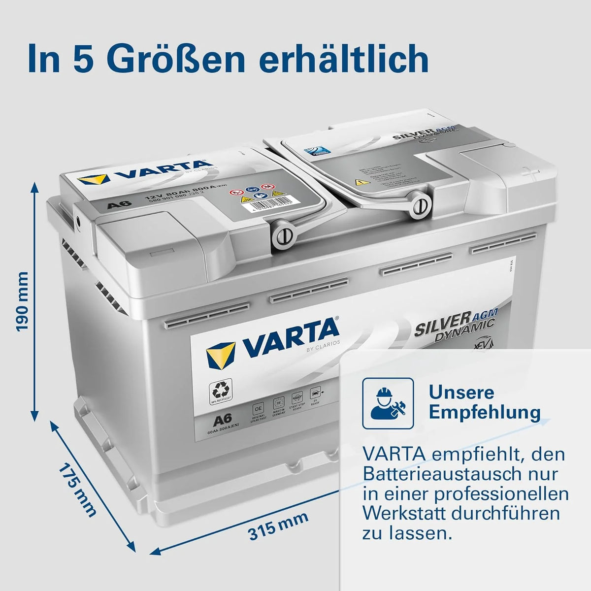 Batería VARTA Silver Dynamic AGM A6 2026 – Batería para vehículos Start – Stop y xEV 12V 80Ah 800A – Batería de arranque para vehículos con alta demanda de energía.