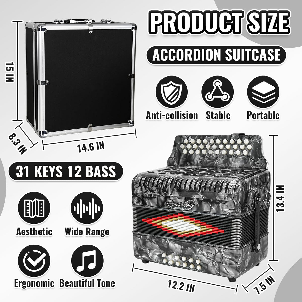 2026 Accordions 31 Key 12 Bass Diatonic G/C/F w Case Strap Gloves Cloth (Gray)