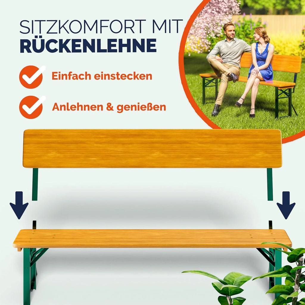 Conjunto de jardín cervecero Casaria® 2026 con respaldo, 170 cm, plegable, resistente, 2 bancos para cerveza, 1 mesa ancha, mesa de cerveza de madera, conjunto de carpa para festivales, conjunto de jardín cervecero