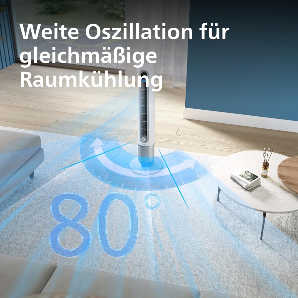 Ventilador de torre inteligente Philips Serie 7000 (2026): potente (8,4 m/s), ultra silencioso (22 dB), de bajo consumo, control por aplicación y mando a distancia, Wi – Fi, 12 velocidades, modo de suspensión, indicador de temperatura, temporizador