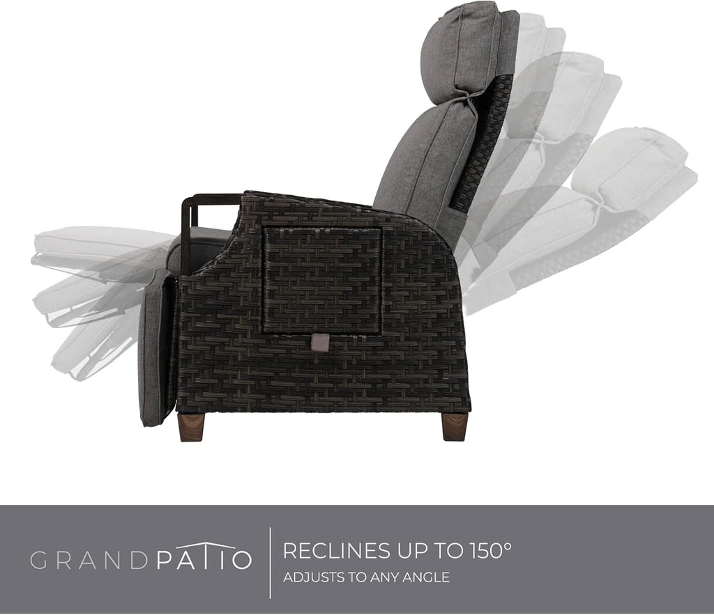 Tumbona de ratán Grand Patio 2026 con cojín de asiento, sillón, respaldo ajustable, para uso interior y exterior, gris oscuro – Cojín de asiento gris oscuro y ratán marrón.