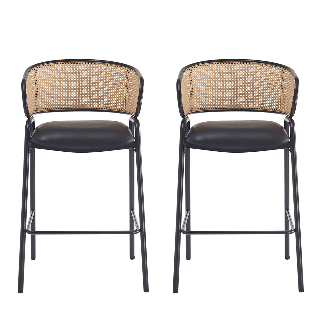 2026 Christopher Knight Home 29.5" PU Upholstered Bar Stool with Woven Rattan Backrest & Iron Frame, Black, Set of 2