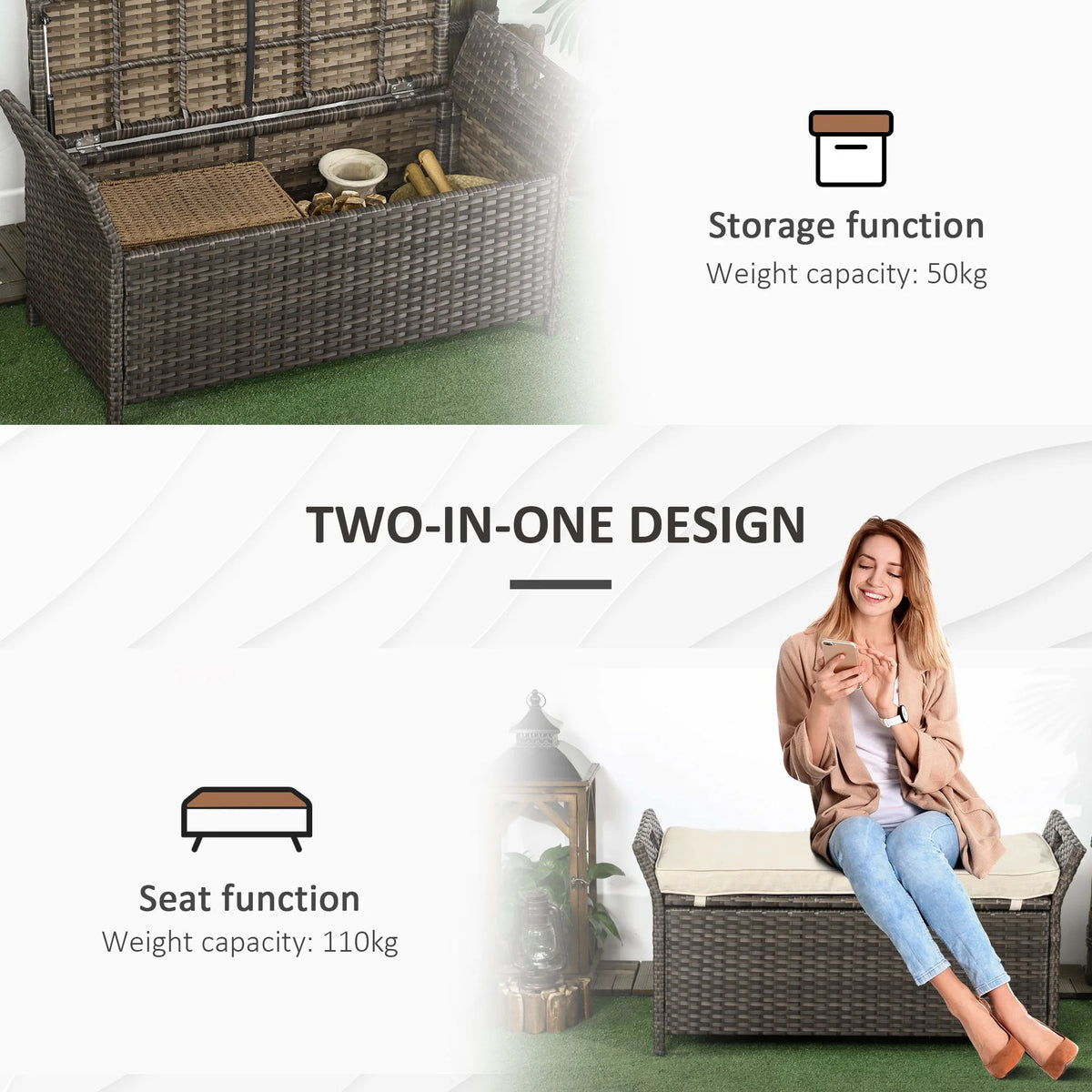2026 DUOSONG Outsunny 27 Gallon Patio Wicker Storage Bench, Outdoor Pe Rattan Patio Furniture, 2-In-1 Large Capacity Rectangle Garden Storage Box With Handles And Cushion, Cream White Brown+White Steel