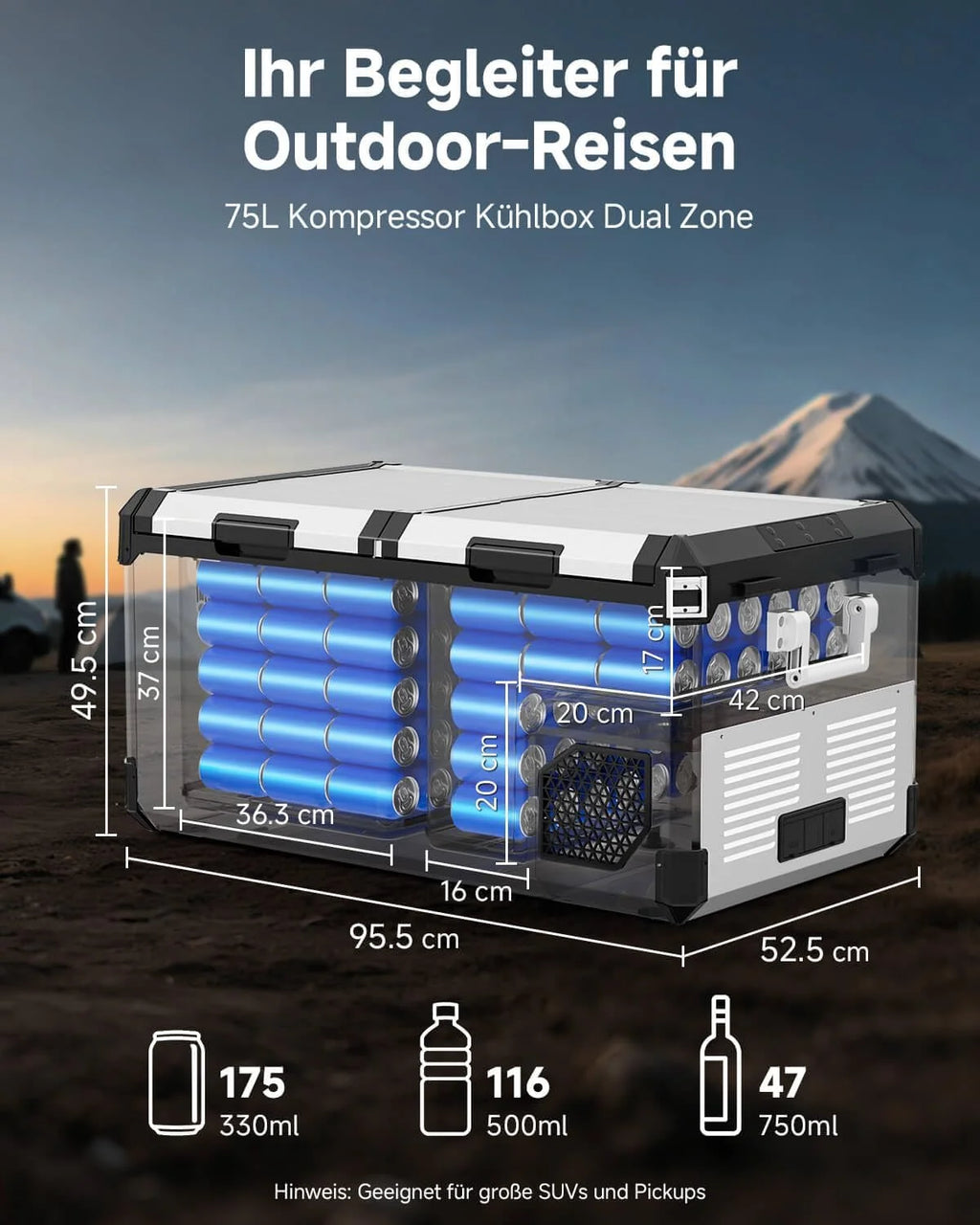 Nevera portátil con compresor AAOBOSI de 95 litros, doble zona, hasta – 20 ℃ (modelo 2026). Carcasa de acero inoxidable e interior de aluminio. Alimentación: 12/24 V CC y 230 V CA. Ideal para coches, barcos, acampadas y conducción todoterreno.