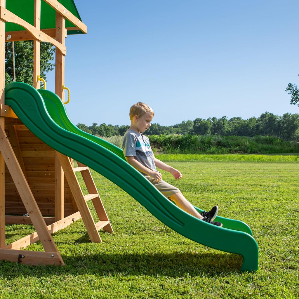 2026 Mount Mckinley Cedar Wood Swing Set with Wave Slide, Play Deck, Double Rock Wall, Rope Ladder, Web Swing, Belt Swings, Toy Telescope,…