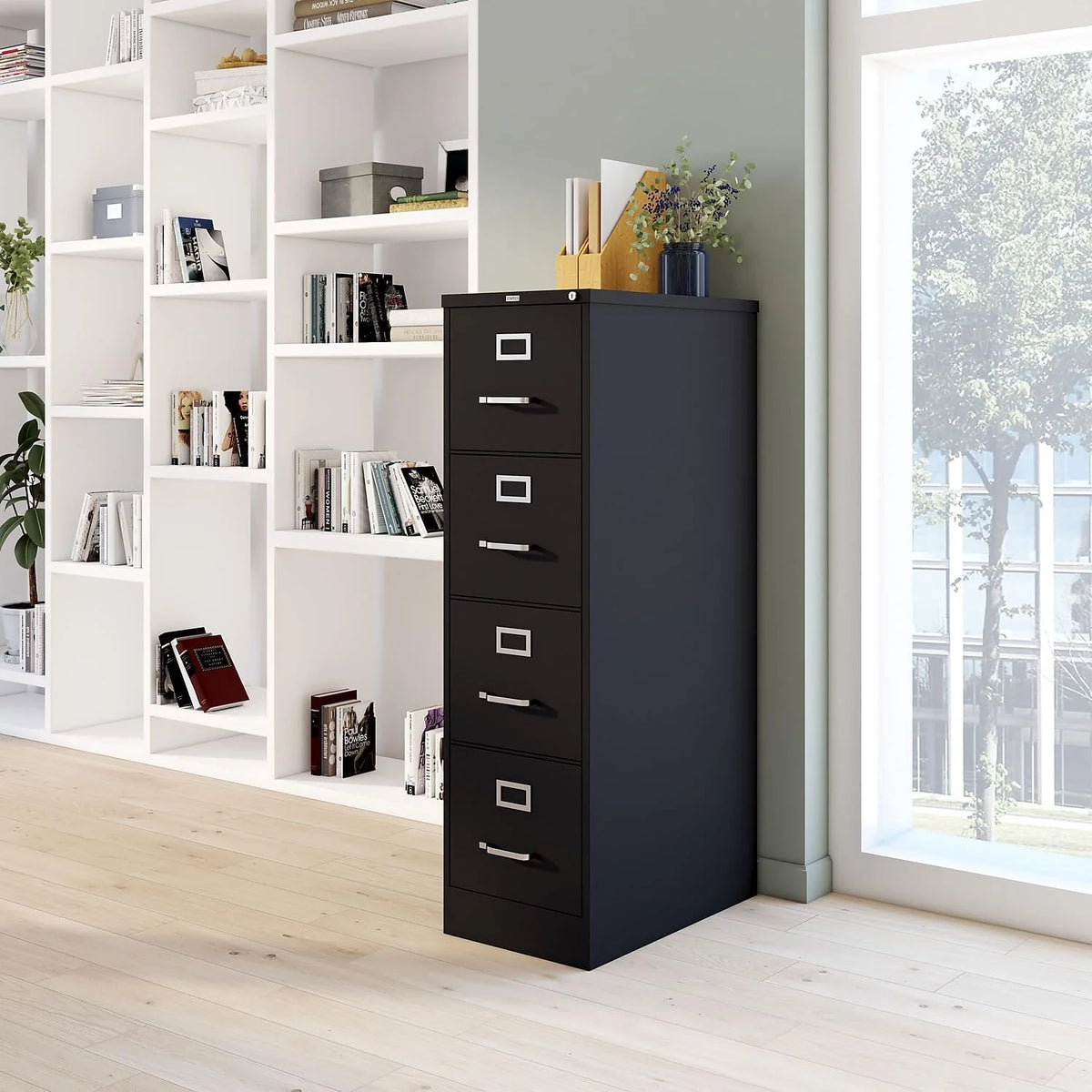 2026 STAPLES 4-Drawer File Cabinet, Lockable, Black, 25"D x 15"W