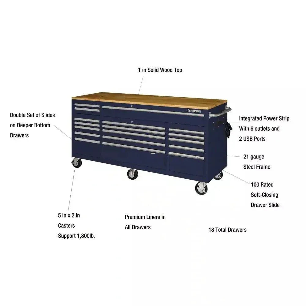 2026 Husky 72 in. 18-Drawer Mobile Workbench with Solid Wood Top in Gloss Blue