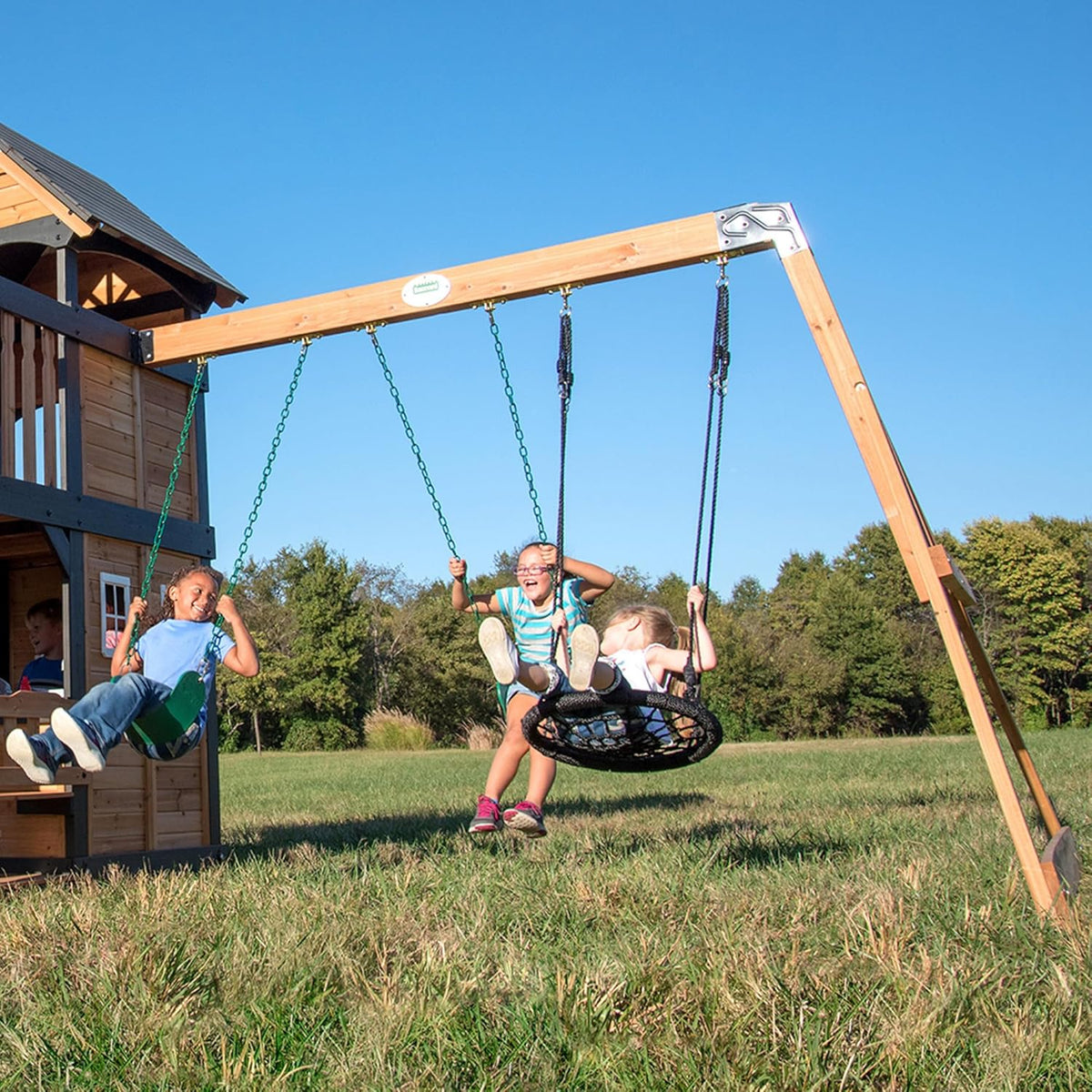 2026 Canyon Creek Cedar Wood Swing Set with Wave Slide, Clubhouse, Play Kitchen, Picnic Area, Belt Swings, Web Swing, Rock Wall, Balconies,…