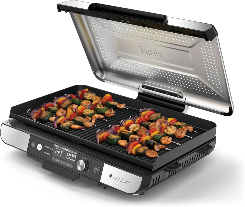 Parrilla y plancha de interior Ninja Sizzle Pro XL con placa y plancha de cerámica antiadherente, tapa desmontable, recolector de grasa y guía de recetas, plata/negro GX101EU 2026