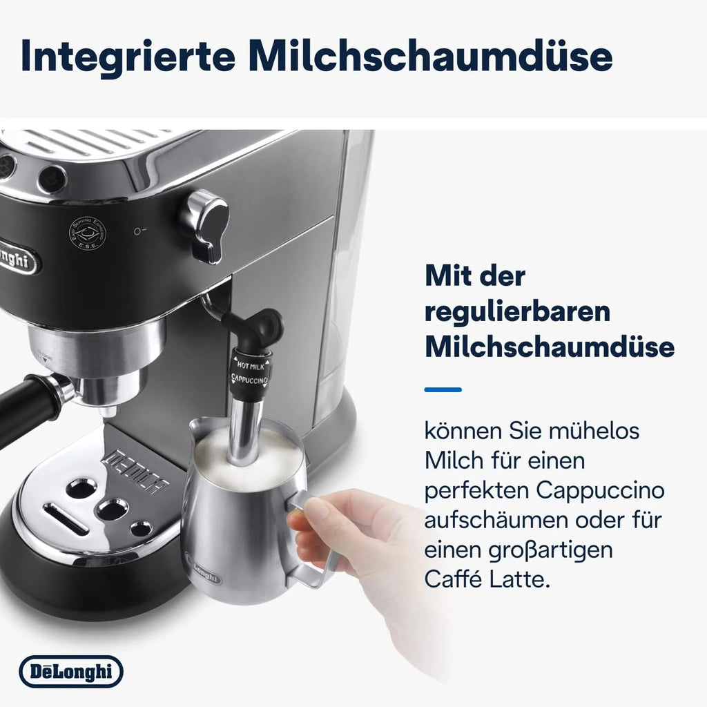 Cafetera espresso De'Longhi Dedica Style EC 685.M de 2026 con portafiltro, espumador de leche profesional, solo 15 cm de ancho, para café molido o cápsulas ESE, depósito de agua de 1 l, color plata.