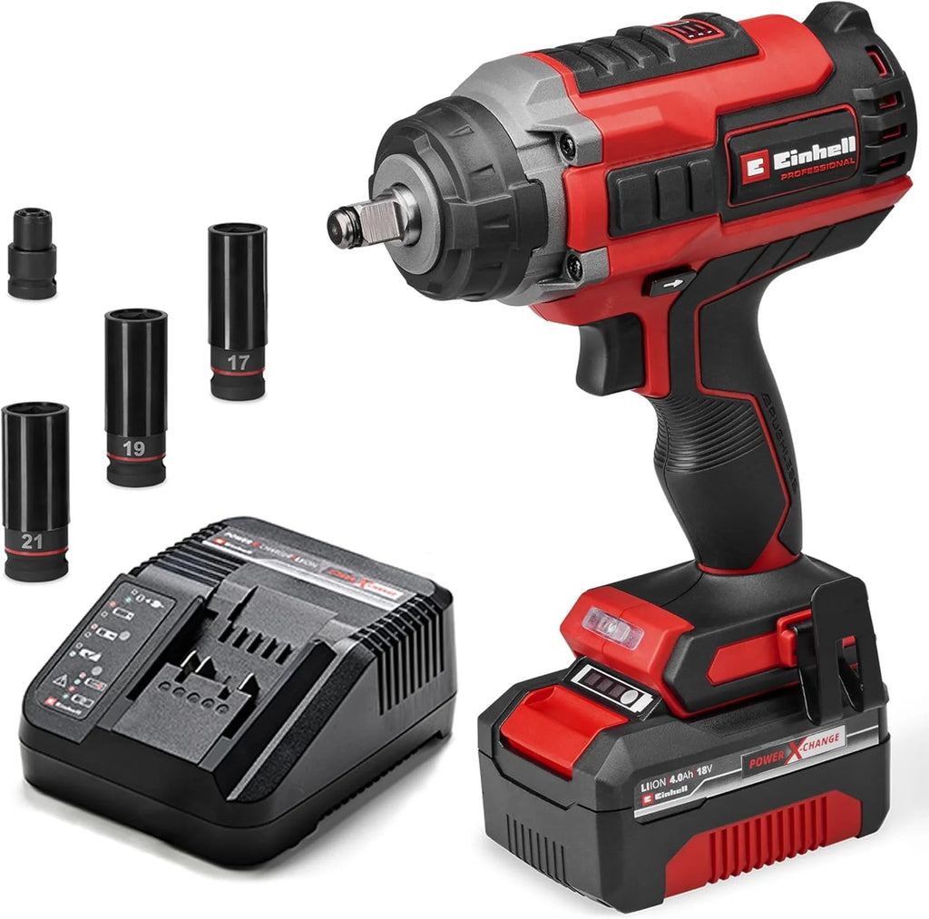 2026 Llave de impacto inalámbrica profesional Einhell IMPAXXO 18/450 (1x4.0Ah) Power X – Change (18 V, 450 Nm, sin escobillas, accionamiento cuadrado externo, incluye batería de 4 Ah, cargador y juego de vasos)