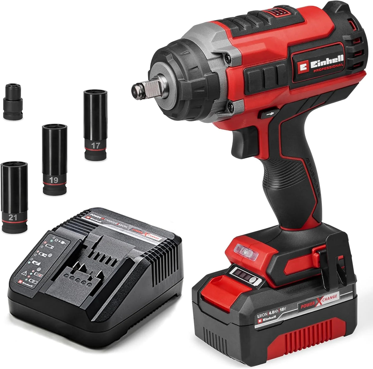 2026 Llave de impacto inalámbrica profesional Einhell IMPAXXO 18/450 (1x4.0Ah) Power X – Change (18 V, 450 Nm, sin escobillas, accionamiento cuadrado externo, incluye batería de 4 Ah, cargador y juego de vasos)