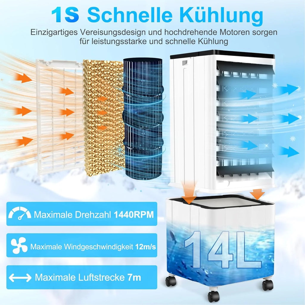 Aire acondicionado portátil 2026 sin manguera de escape, 14L 60W, con temporizador de 12 horas, 3 modos, 40dB, oscilación de 120°, depósito de agua extraíble, mando a distancia, silencioso, ideal para apartamentos y habitaciones.