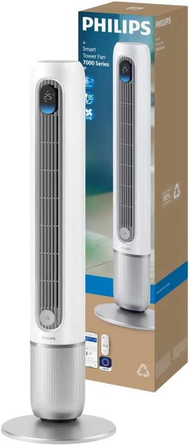 Ventilador de torre inteligente Philips Serie 7000 (2026): potente (8,4 m/s), ultra silencioso (22 dB), de bajo consumo, control por aplicación y mando a distancia, Wi – Fi, 12 velocidades, modo de suspensión, indicador de temperatura, temporizador