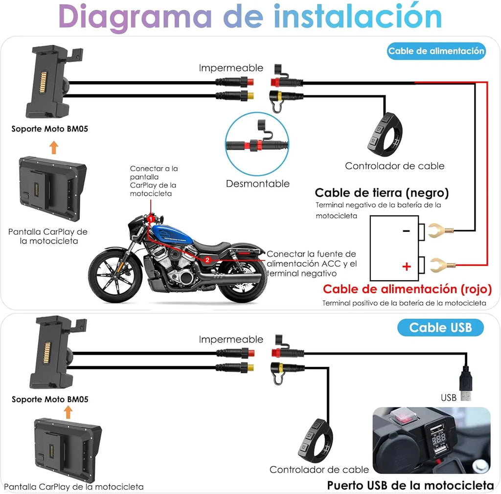2026 CARPURIDE W702S Pro Motocicleta CarPlay Pantalla con BM05 Soporte para Conectar y Usar, Inalámbrico CarPlay y Android Auto, 7" Impermeable Táctilpantalla, Dual Bluetooth, Control con Cable, Brújula.