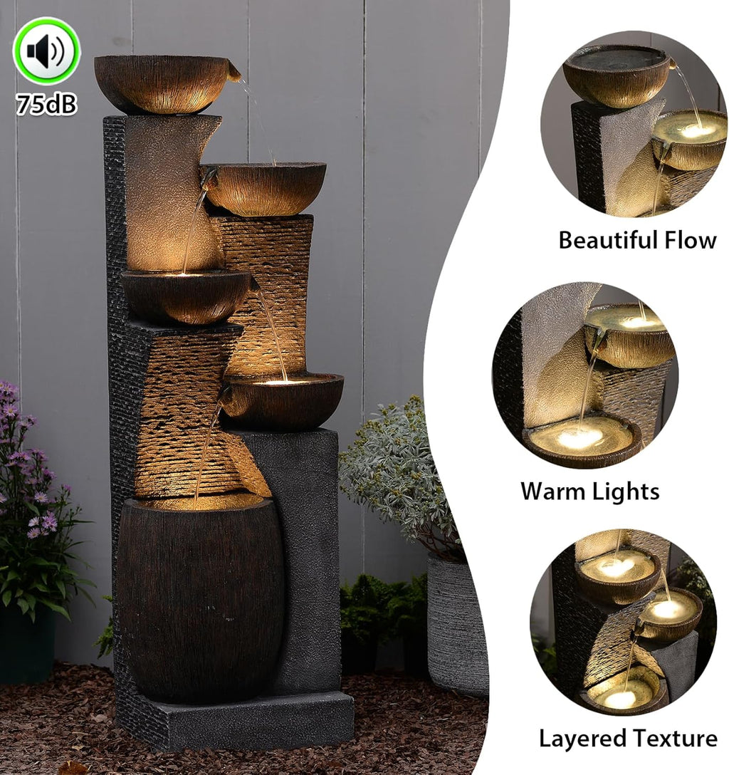 Fuente de jardín grande Bumilgar 2026, fuente exterior con iluminación LED, cascada de 5 niveles, ideal para jardín, balcón o terraza, 134 x 46 x 37 cm.