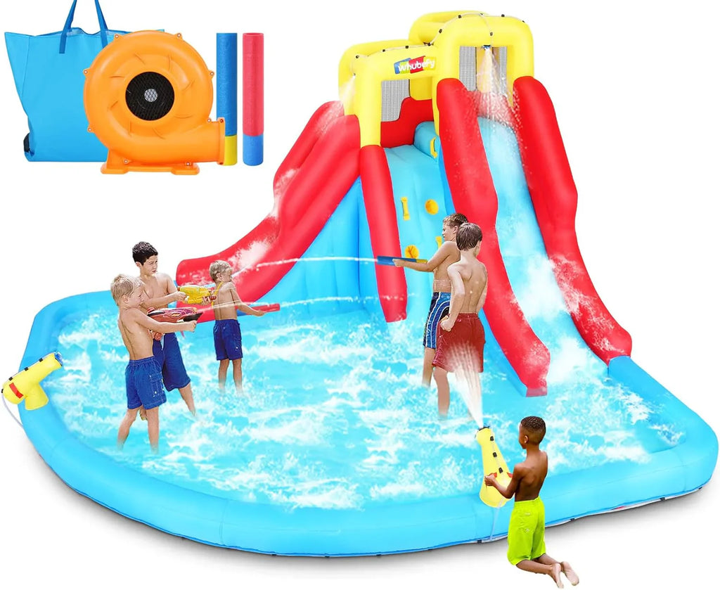 2026 Inflatable Water Slides for Kids 8-in-1 Bounce House Water Park with 450W Blower Climbing Wall, Splash Pool, 2 Water Cannons, Basketball Hoop, Water Slide, Crocodile Sprinkler for Gift Backyard Party