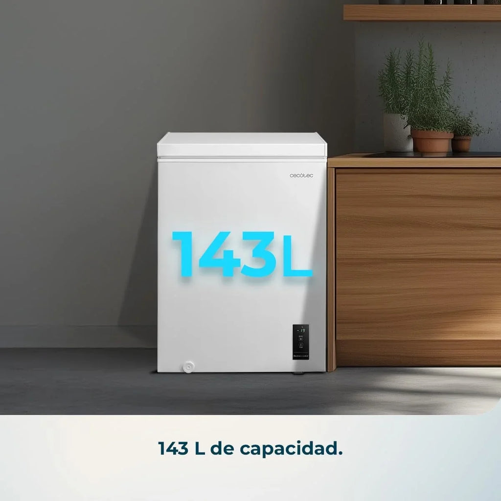 Congelador horizontal Cecotec Bolero CoolMarket 143L blanco, modelo 2026. Cesta con asas, control electrónico LED, UltraContact D – Cool, doble función, puerta ZeroG (80º – 30º), congelación rápida, compacto.