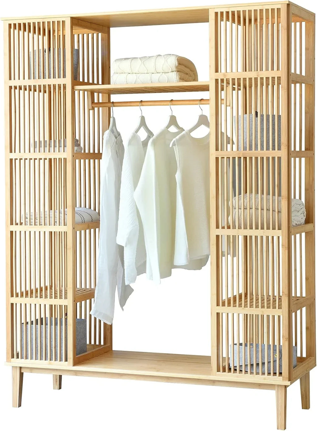 2026 Armario para Ropa con 2 Puertas Deslizantes Clóset con 12 Estantes y 1 Barra de Colgar Perchero de Bambú 185 x 140 x 45 cm Natural
