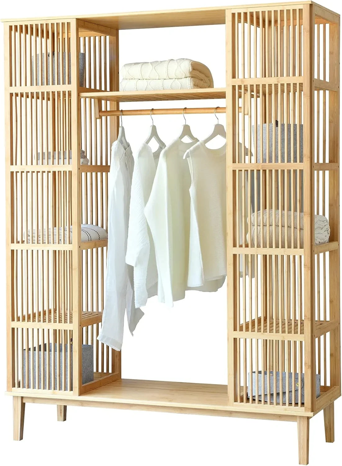 2026 Armario para Ropa con 2 Puertas Deslizantes Clóset con 12 Estantes y 1 Barra de Colgar Perchero de Bambú 185 x 140 x 45 cm Natural