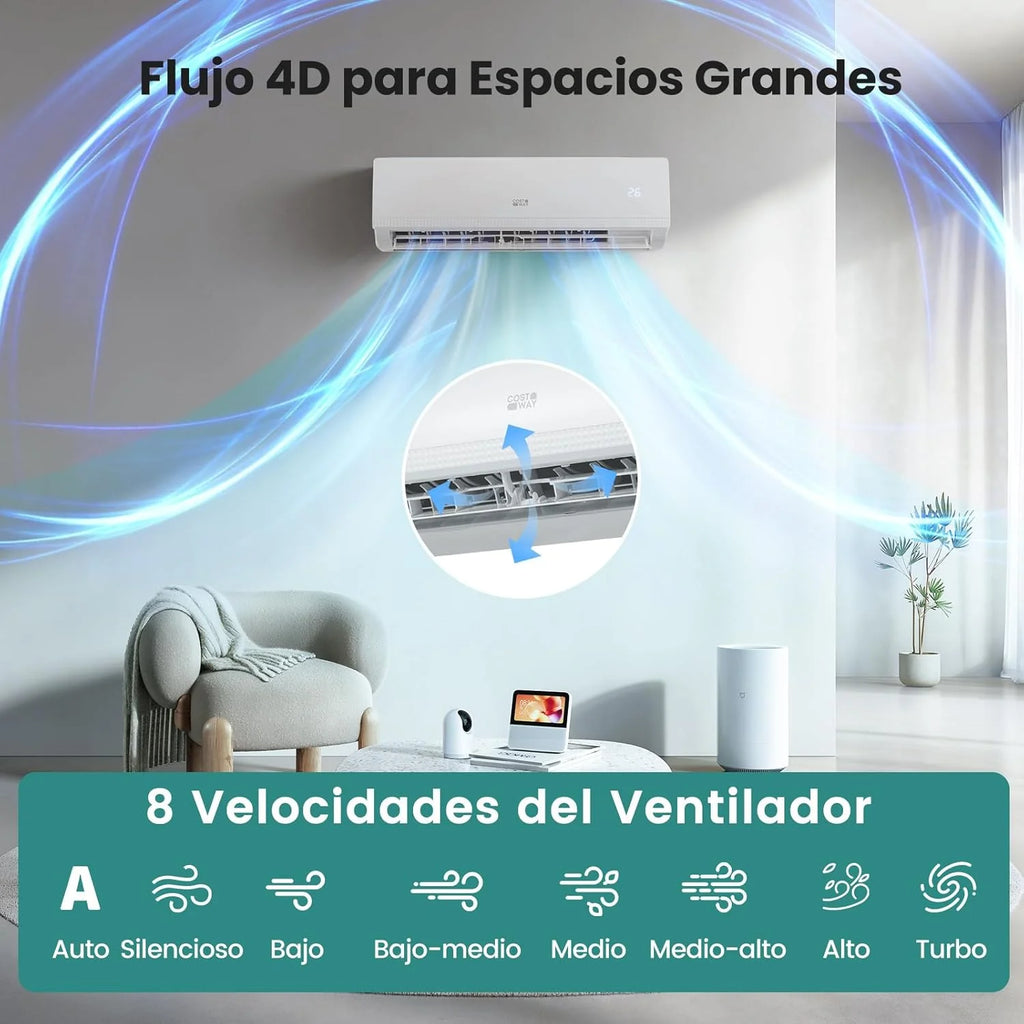 COSTWAY Aire Acondicionado Split, 2,6 kW, Aire Acondicionado con Calefacción con Bomba de Calor,Refrigerante: R32, Calefactor y Refrigerador con Kit de Instalación para Habitación hasta 70m³ (9000BTU) 2026