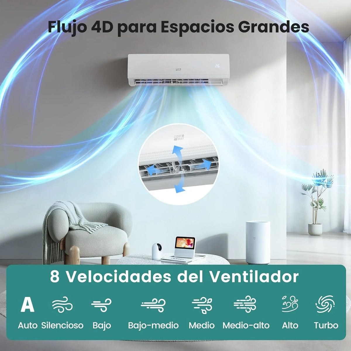 COSTWAY Aire Acondicionado Split, 2,6 kW, Aire Acondicionado con Calefacción con Bomba de Calor,Refrigerante: R32, Calefactor y Refrigerador con Kit de Instalación para Habitación hasta 70m³ (9000BTU) 2026