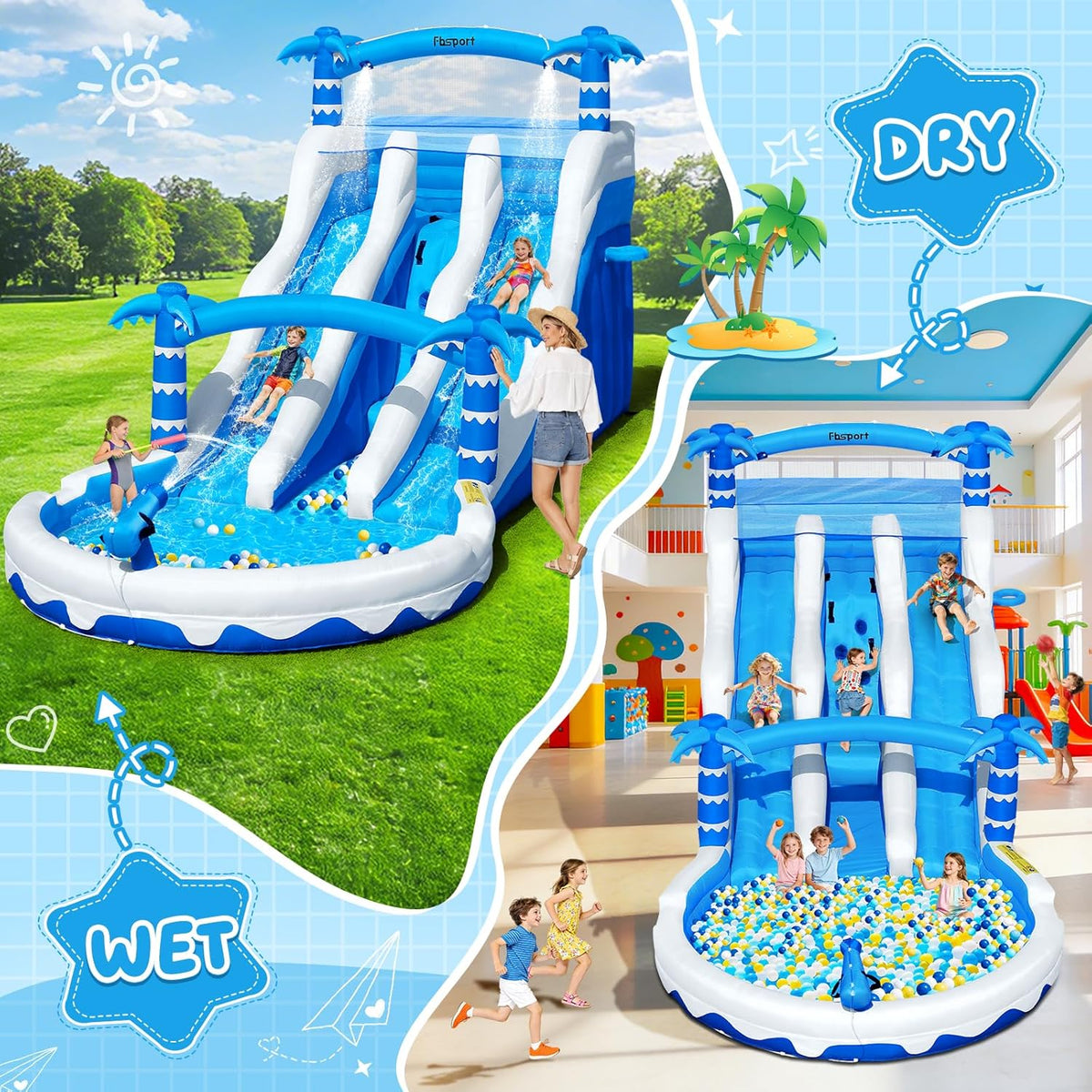 Castillo hinchable XXL 2026 con 2 toboganes acuáticos para uso comercial, adultos y niños, hinchable para interiores y exteriores con soplador, tamaño piscina, tobogán, cesta, sistema de aspersores y rocódromo, 630x290x285 cm