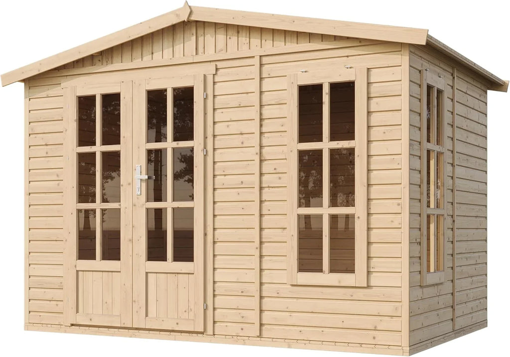 2026 TIMBELA Caseta de jardín de Madera de 6 m2 – Cobertizo Jardin Exterior con Suelo, Ventana, Puerta Doble – Cabaña de jardín para Trabajar en casa – con Tejas bituminosas Verde M334FB+H334FBGREEN