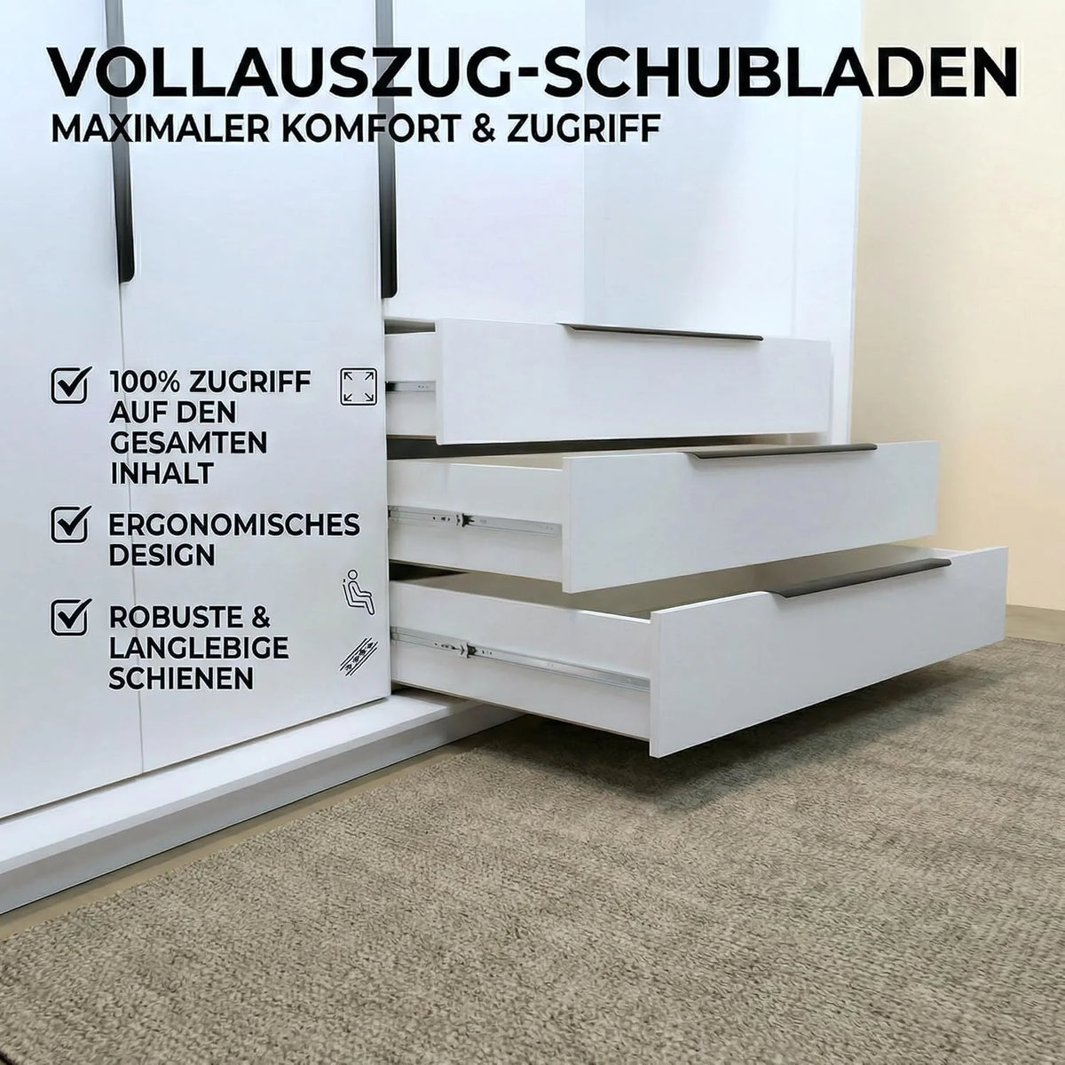 2026 A and J MöbelLand VIVO Armario de 4 puertas con espejo y cajones – 200 x 215 cm – Armario con puertas batientes, barra para colgar ropa y estantes