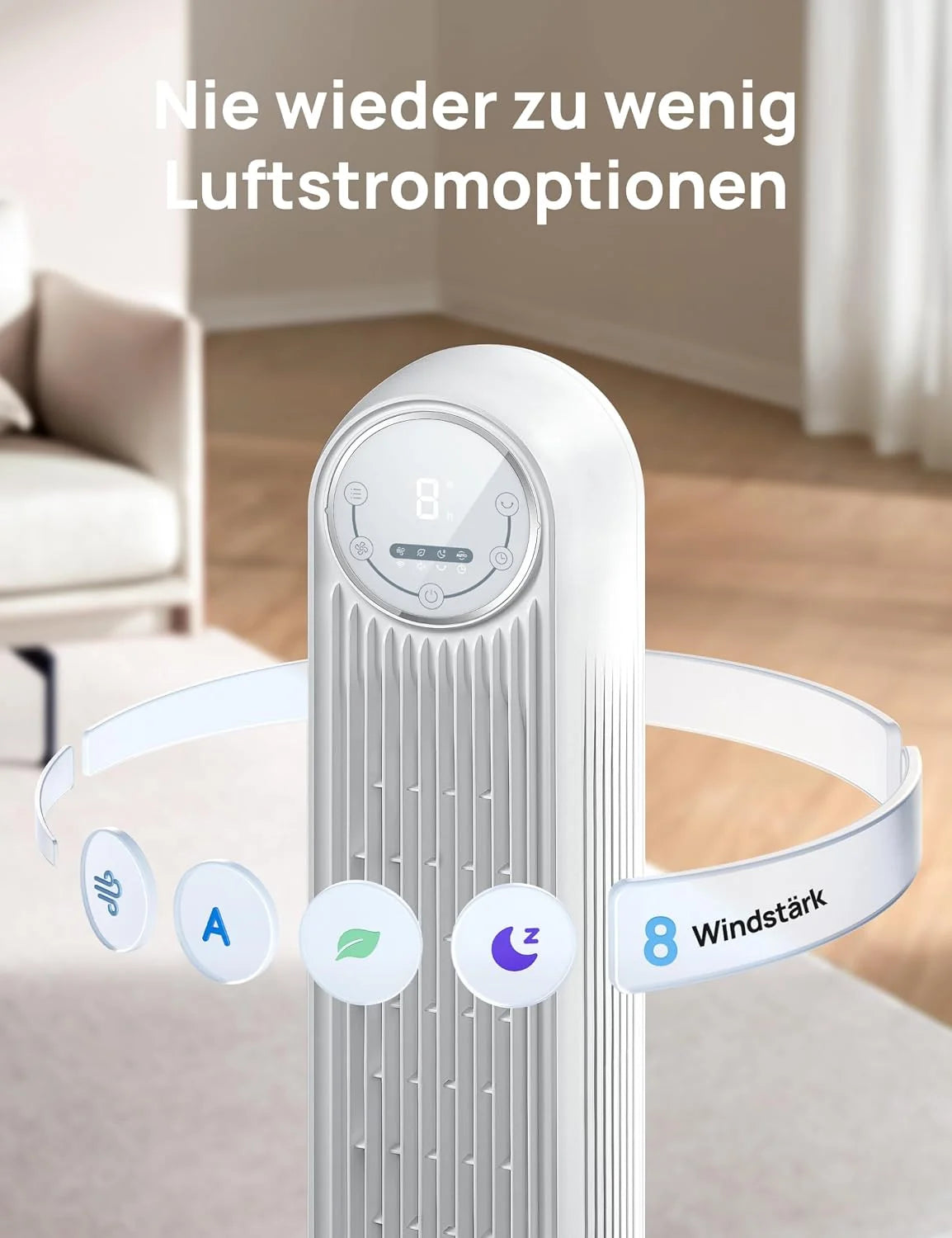 Ventilador de torre silencioso Dreo Smart 2026 de 20 dB, alcance de 10 m, 4 velocidades, 4 modos, temporizador de 8 horas, oscilación de 90° con función de refrigeración, WiFi y control remoto para dormitorio, Nomad OneS, blanco