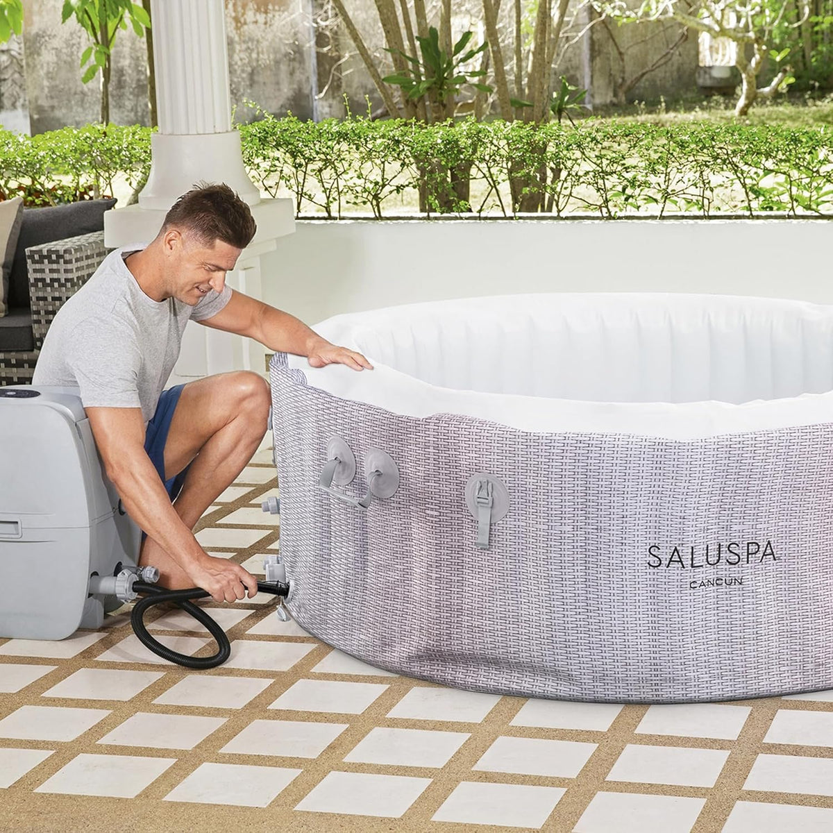 2026 Large Round 2 to 4 Person Inflatable Hot Tub Portable Outdoor Spa with 120 Airjets and Energysense Cover, Grey
