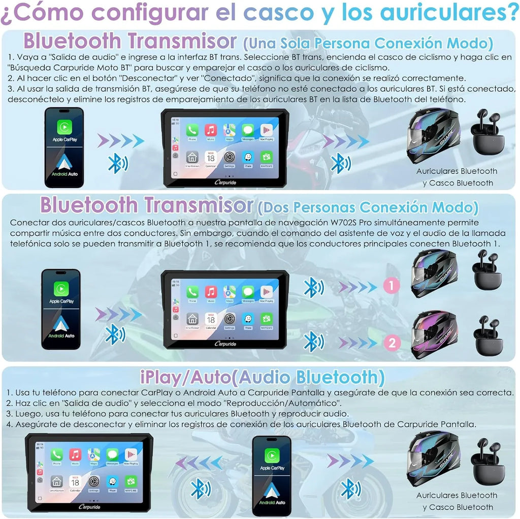2026 CARPURIDE W702S Pro Motocicleta CarPlay Pantalla con BM05 Soporte para Conectar y Usar, Inalámbrico CarPlay y Android Auto, 7" Impermeable Táctilpantalla, Dual Bluetooth, Control con Cable, Brújula.