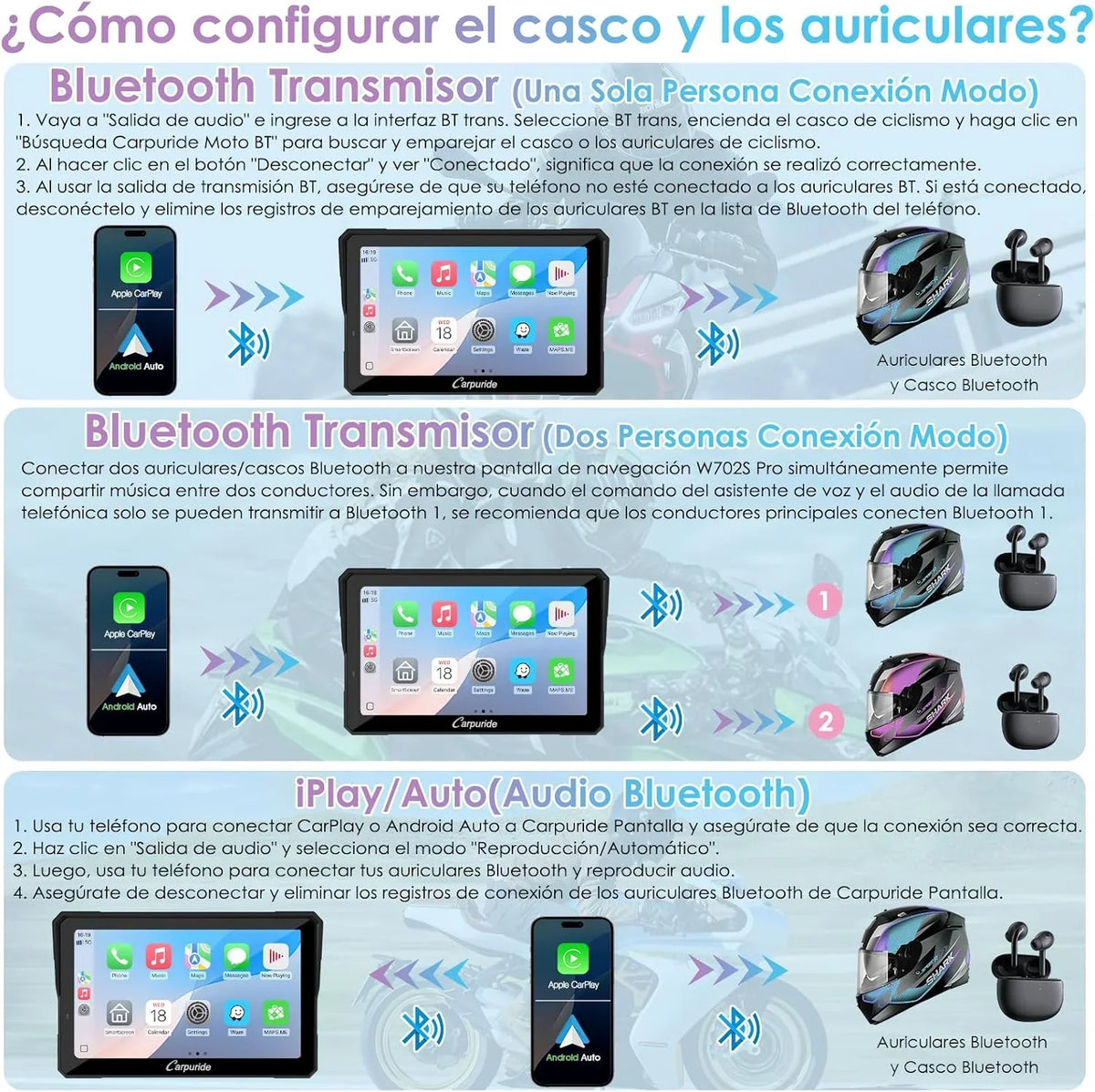 2026 CARPURIDE W702S Pro Motocicleta CarPlay Pantalla con BM05 Soporte para Conectar y Usar, Inalámbrico CarPlay y Android Auto, 7" Impermeable Táctilpantalla, Dual Bluetooth, Control con Cable, Brújula.