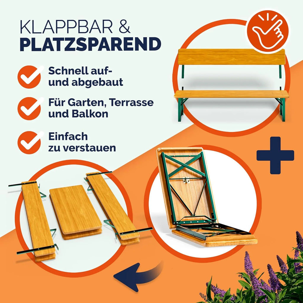 Conjunto de jardín cervecero Casaria® 2026 con respaldo, 170 cm, plegable, resistente, 2 bancos para cerveza, 1 mesa ancha, mesa de cerveza de madera, conjunto de carpa para festivales, conjunto de jardín cervecero