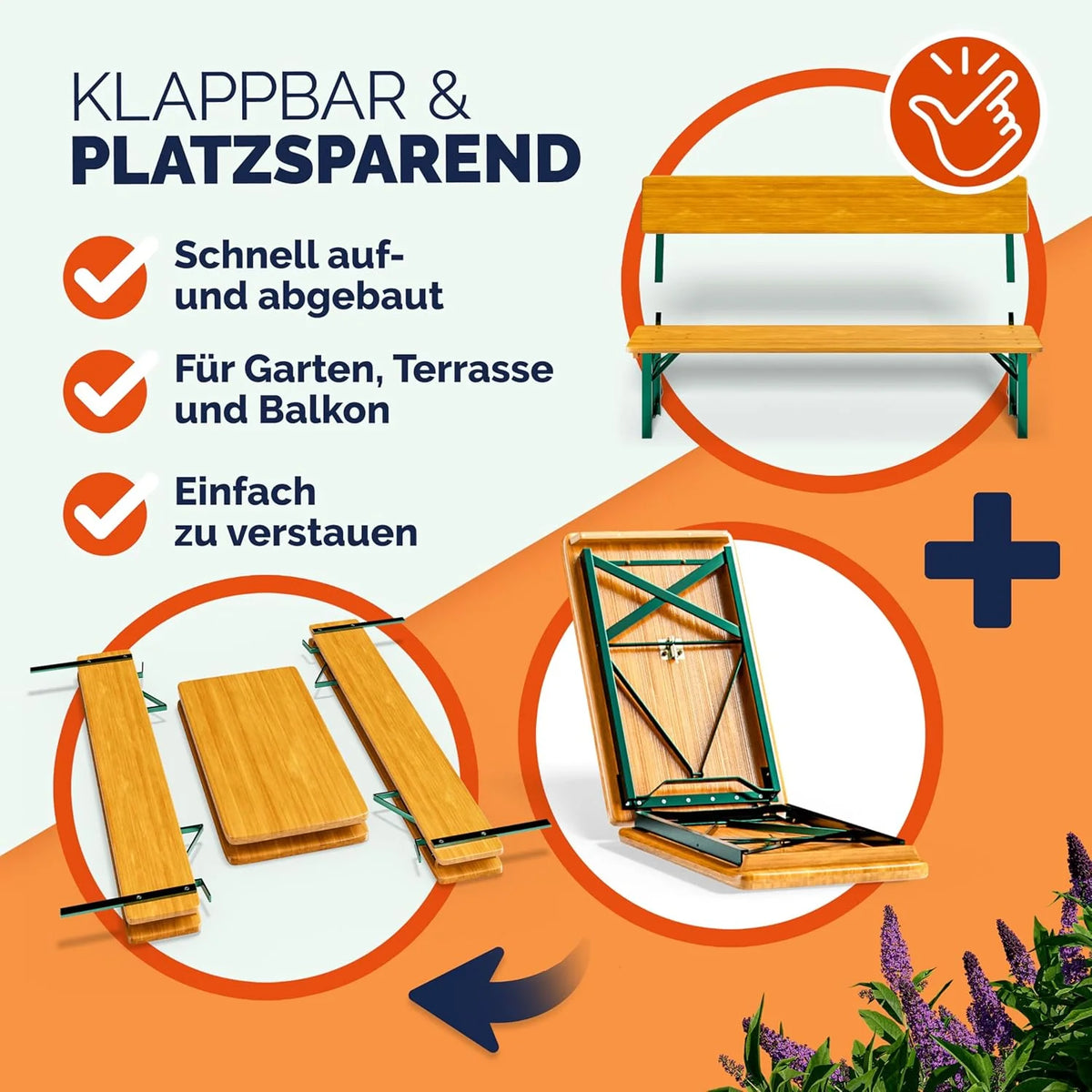 Conjunto de jardín cervecero Casaria® 2026 con respaldo, 170 cm, plegable, resistente, 2 bancos para cerveza, 1 mesa ancha, mesa de cerveza de madera, conjunto de carpa para festivales, conjunto de jardín cervecero