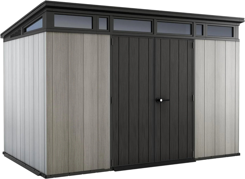 2026 Keter Artisan Cobertizo de jardín de 11 x 7 cm, resistente a la intemperie, con suelo, techo inclinado, puertas dobles y ventanas, ideal para almacenamiento al aire libre, 342 x 218 x 226 cm, 13,7 m³,