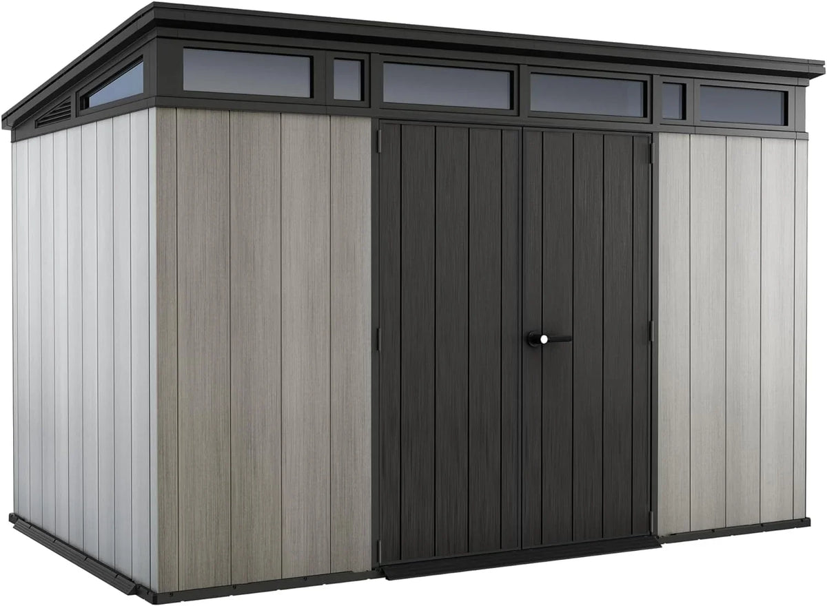 2026 Keter Artisan Cobertizo de jardín de 11 x 7 cm, resistente a la intemperie, con suelo, techo inclinado, puertas dobles y ventanas, ideal para almacenamiento al aire libre, 342 x 218 x 226 cm, 13,7 m³,