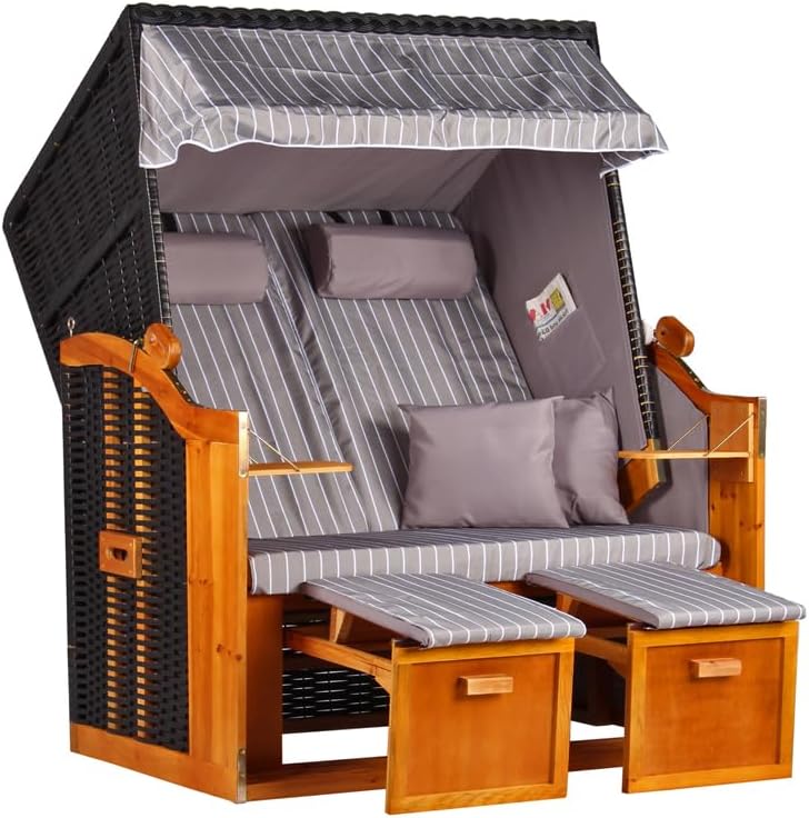 Silla de playa Baltic Sea 2026 Juniper PE negra (diseño gris real) | Silla de playa de 2 plazas resistente a la intemperie | Silla reclinable de dos plazas de madera maciza | Sillas de playa para balcón | Silla de playa para jardín