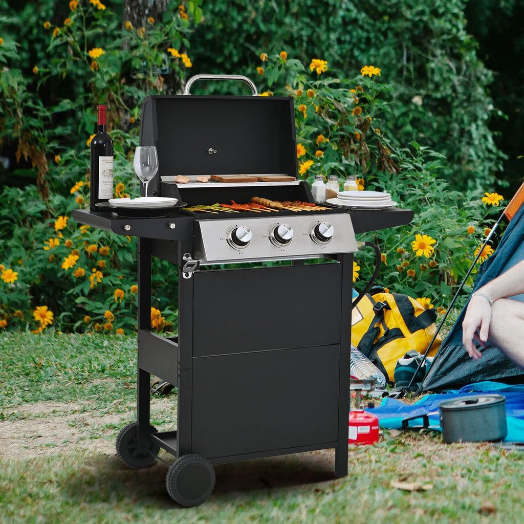 2026 Qiushi 3-Burner Propane Gas Grill, 26,000 BTU Stainless Steel BBQ Grill with 2 Shelves & Thermometer, Outdoor Patio Grill with Electronic Ignition, Wheels & Bottle Opener -M?Durable & Even Heating